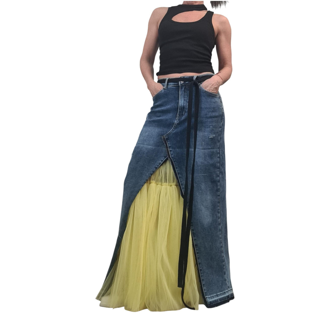 Denim Tulle Maxi Skirt, Asymmetric Plus Sizw Skirt, Deconstructed Womens Clothing