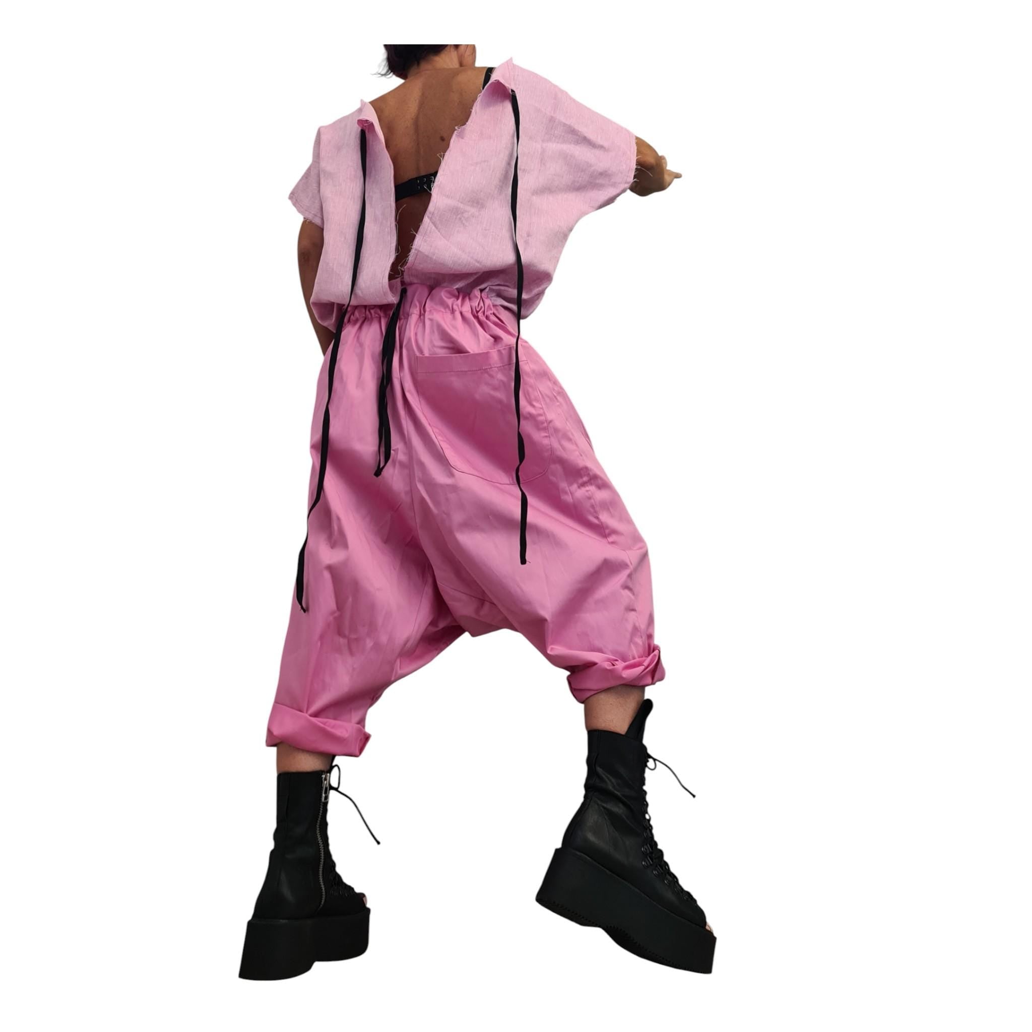 Baby Pink Harem Jumpsuit, Open Back Linen Top, Loose Satin Drop Crotch Overall Women