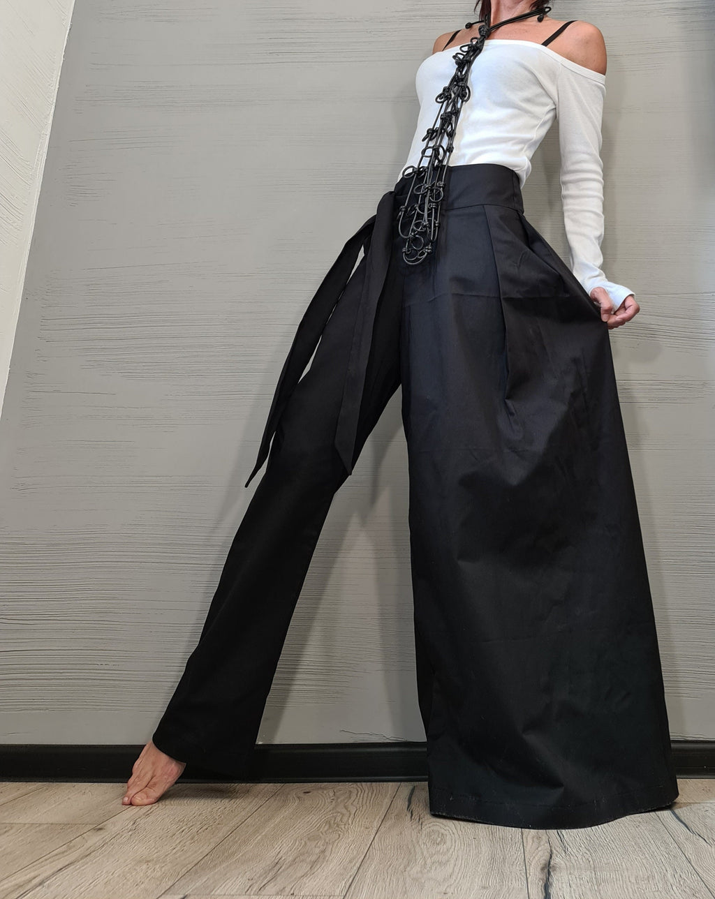 Avant Garde Asymmetric Wide Leg Pants, Black Wrap Front Trousers