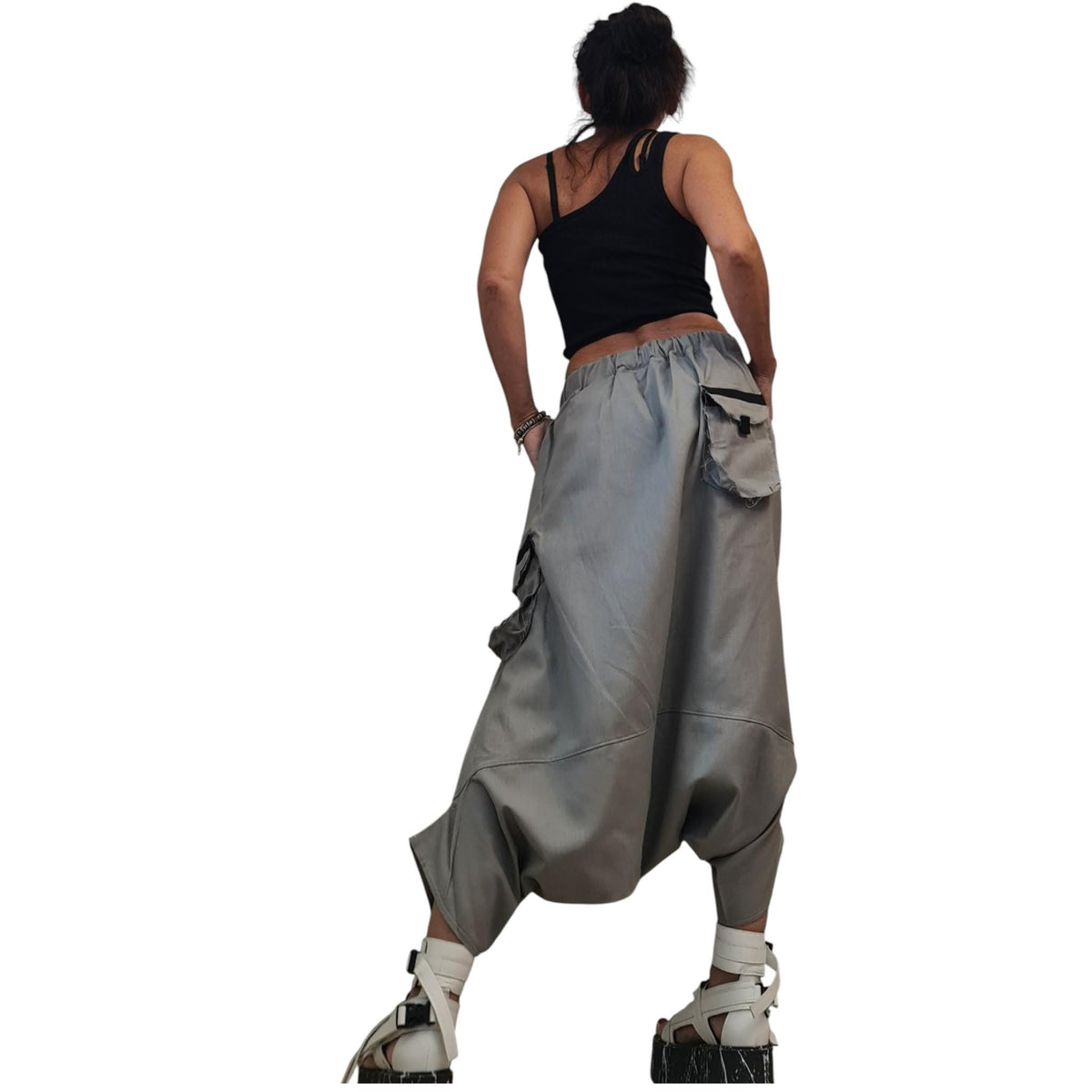 Gray Linen Harem Pants, Mid-Calf Drop Crotch Trousers, Cargo Pockets, Elastic Waist, Plus Size