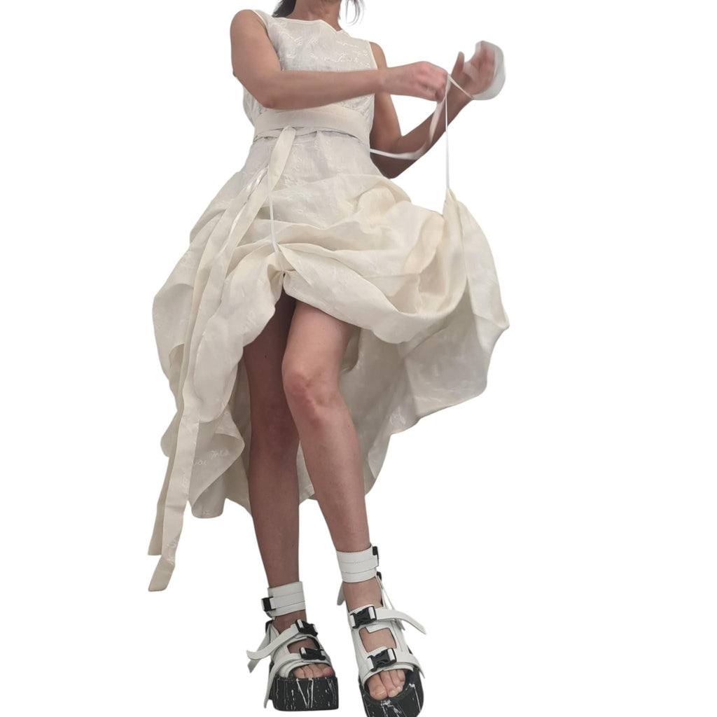 Champagne Linen Asymmetric Dress for Women, Sleeveless Layered Midi Dress, Graphic Sculptural Skirt Avantgarde