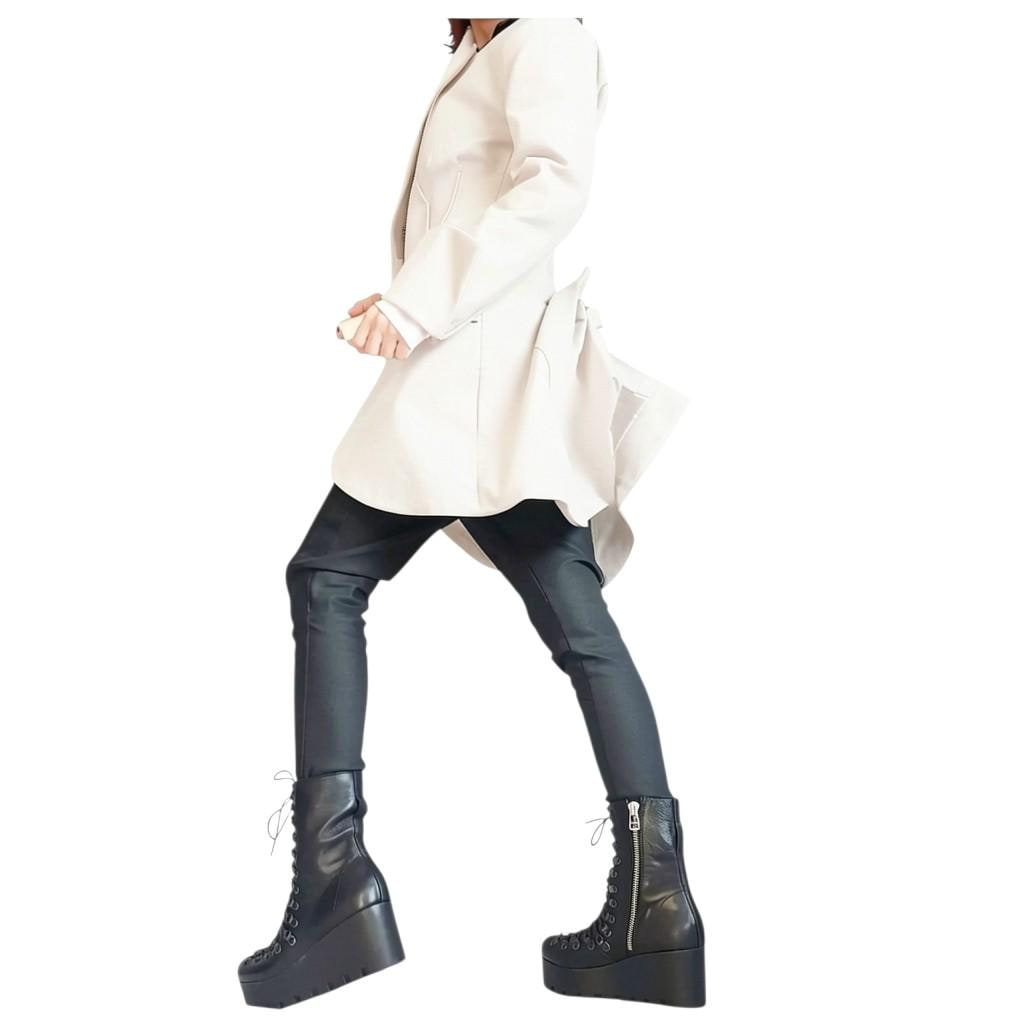 Ivory Asymmetrical Peplum Blazer with Gathered Back, Fitted Waist and Long Tailcoat Hem