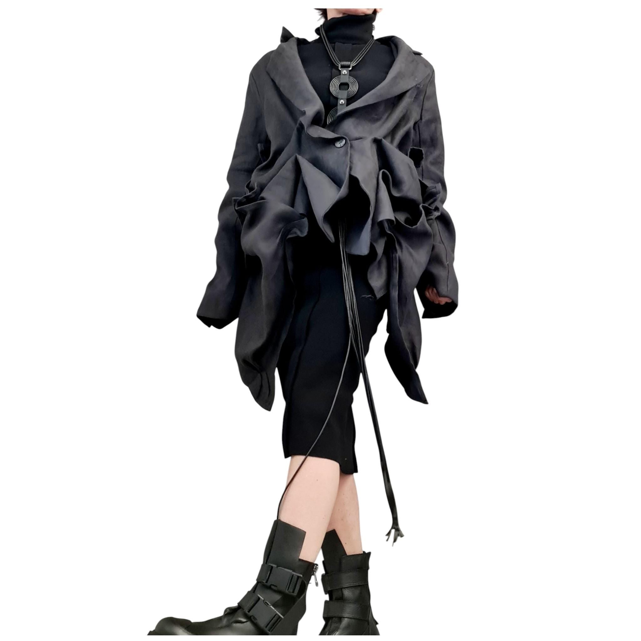 Graphite Linen Asymmetric Blazer | Long Front Open Back Womens Designer Statement Outerwear