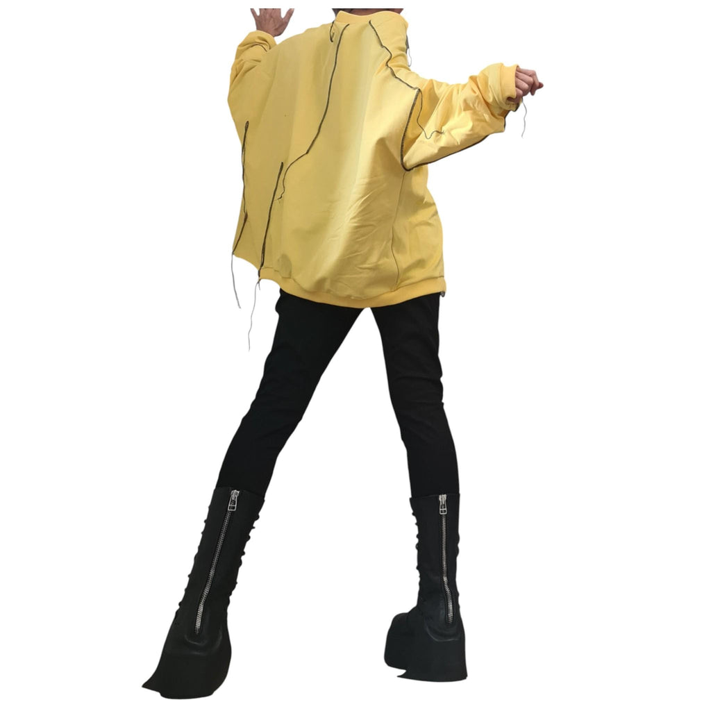 Yellow Cotton Oversize Tunic Top, Asymmetric Loose Cut, Black Contrast Seams, Plus Size Blouse