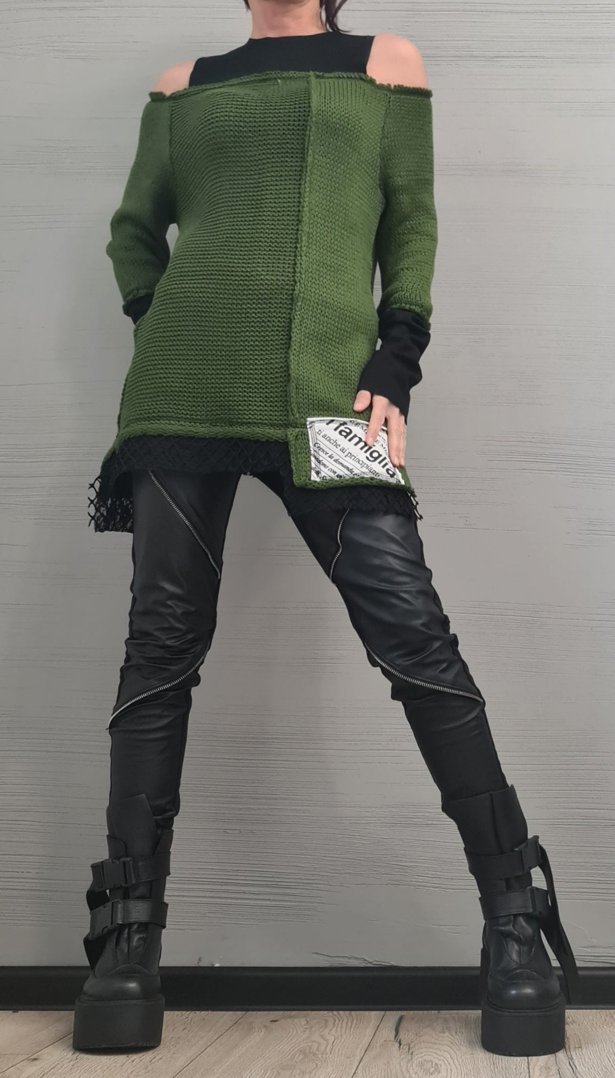 Lime Asymmetric Knitted Tunic, Open Shoulder Blouse, Plus Size Sweater