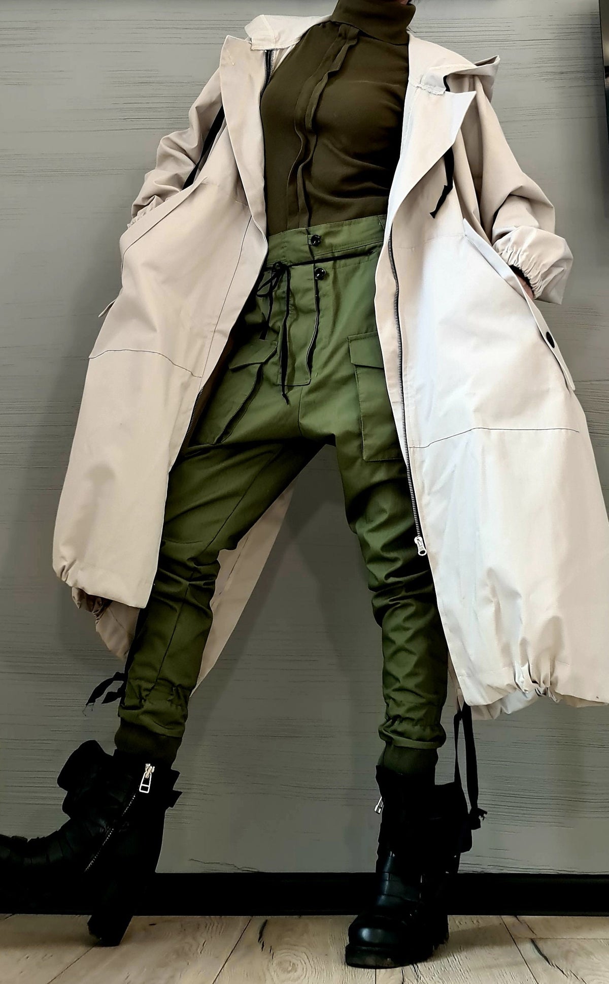 Light Beige Asymmetrical Hooded Trench Coat, Ripstop Jacket with Overlapping Open Back