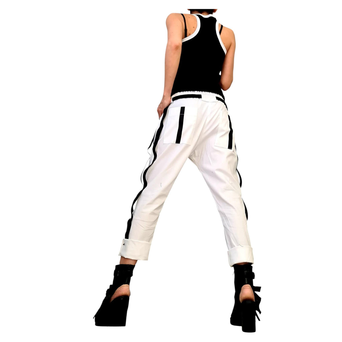 White Cotton Tapered Pants, Double Side Stripes, Drop Crotch