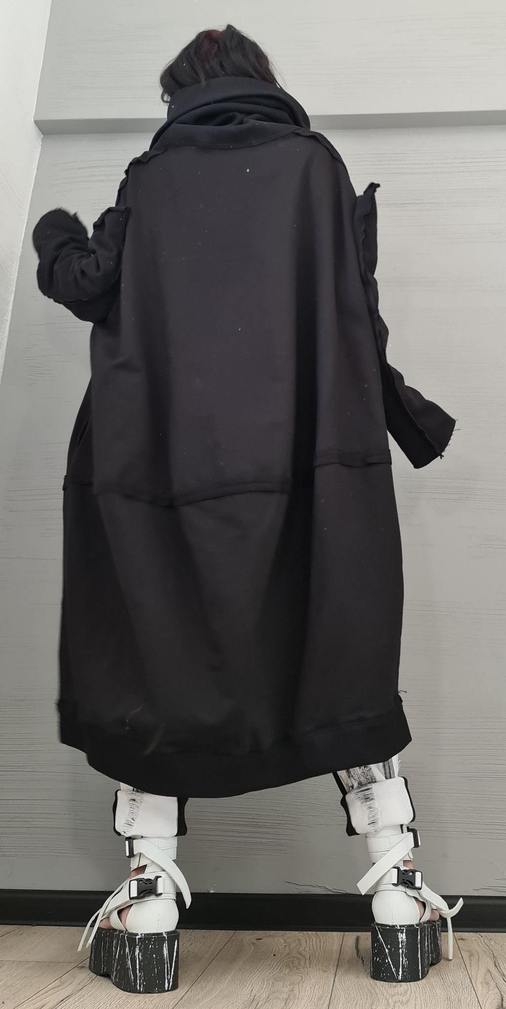 Black Cotton Maxi Sweatshirt, Oversized Jacket with Asymmetrical Zip, High Collar, Plus Size