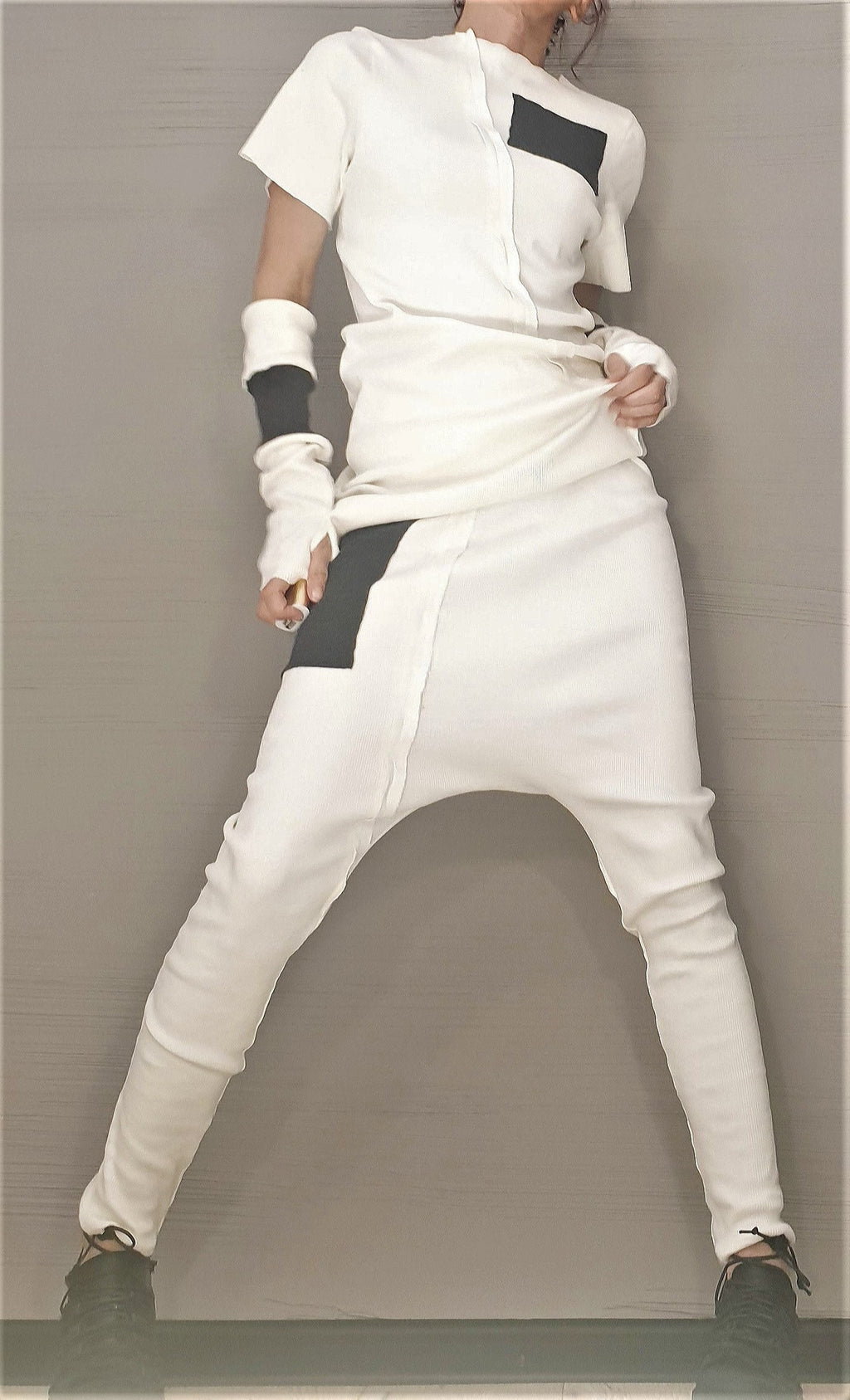 White Cotton Tapered Harem Pants, Asymmetrical Blouse, Detachable Sleeves with Thumb Holes, Co-Ord Set