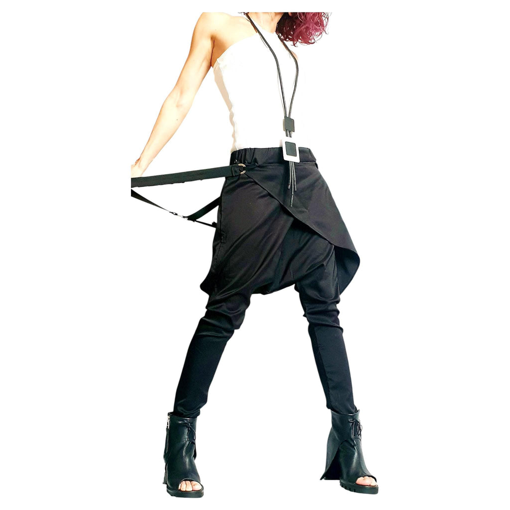 Black Drop Crotch Pants, Apron Panel Trousers, Tapered Leg