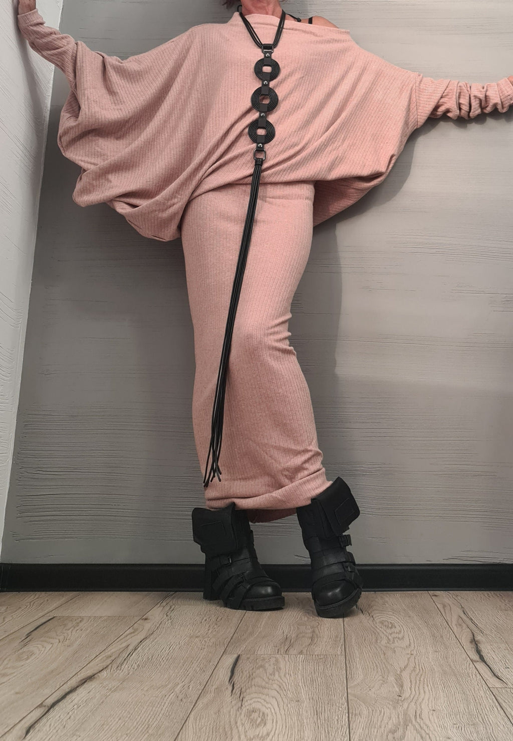 Pink Knit Pencil Skirt, Asymmetrical Long Sleeve Blouse, Plus Size Two Piece Co-Ord Set