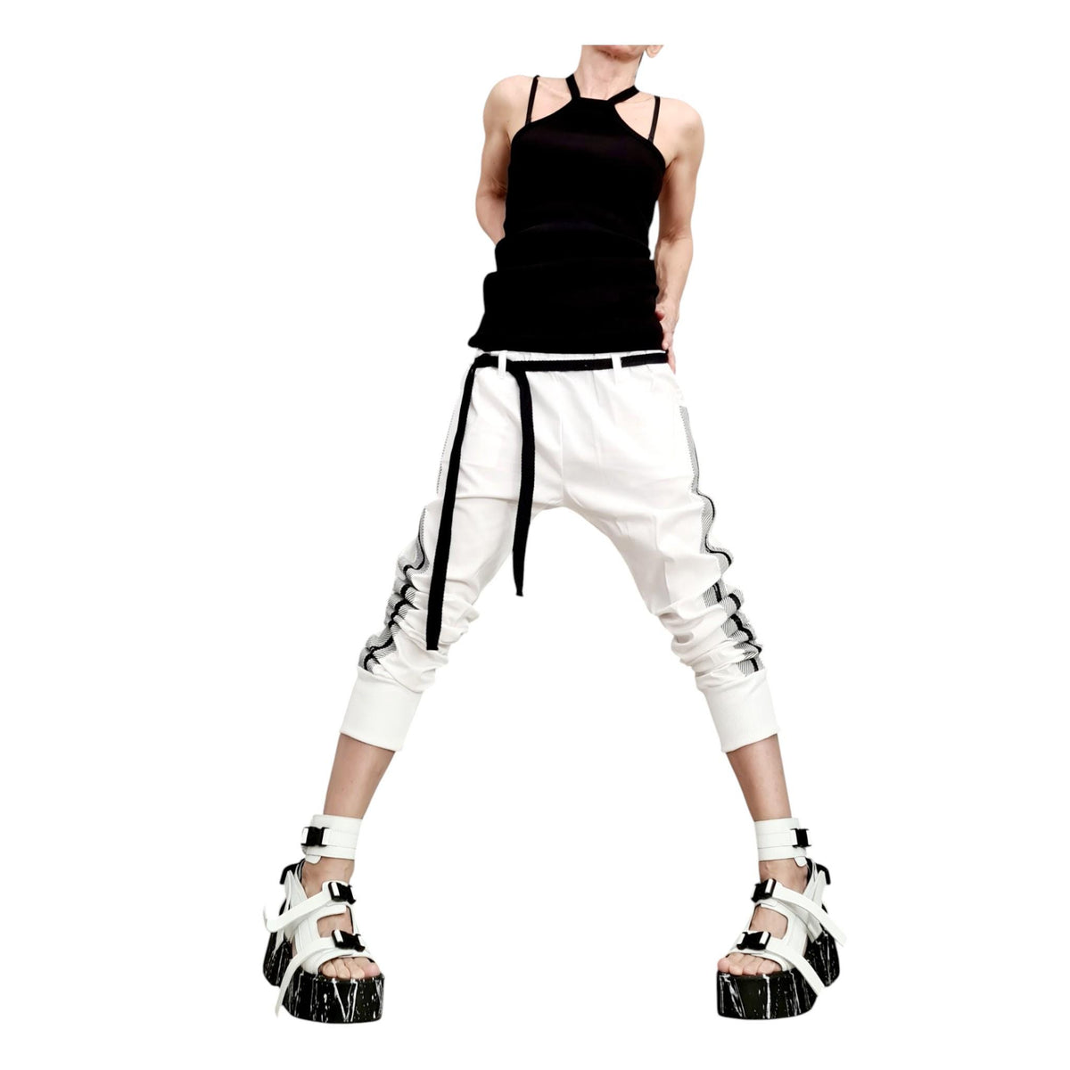 White Cotton Drop Crotch Pants, Side Stripe, Tapered Leg