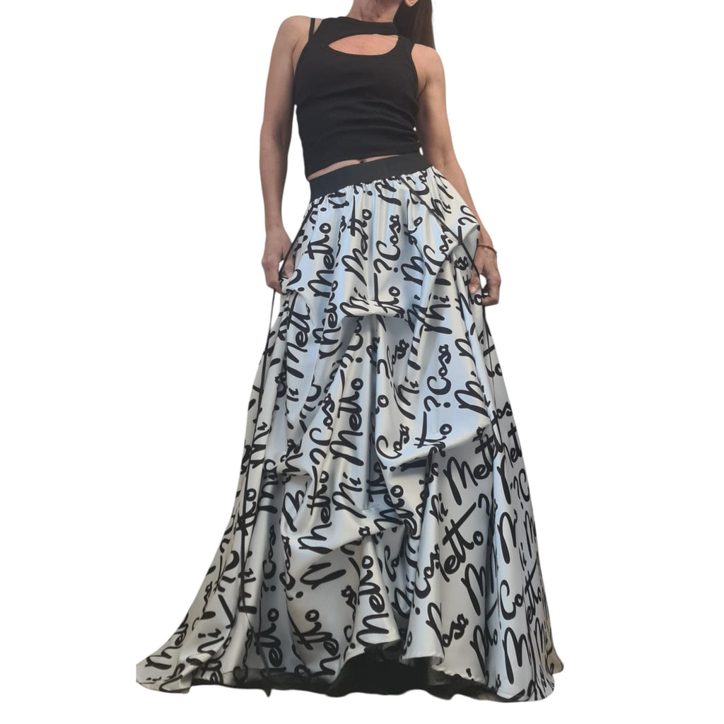 Extravagant Script Print Skirt Dress, Avant Garde Cotton Satin Tulle Maxi, Black White Transformable Gown with Drawstrings
