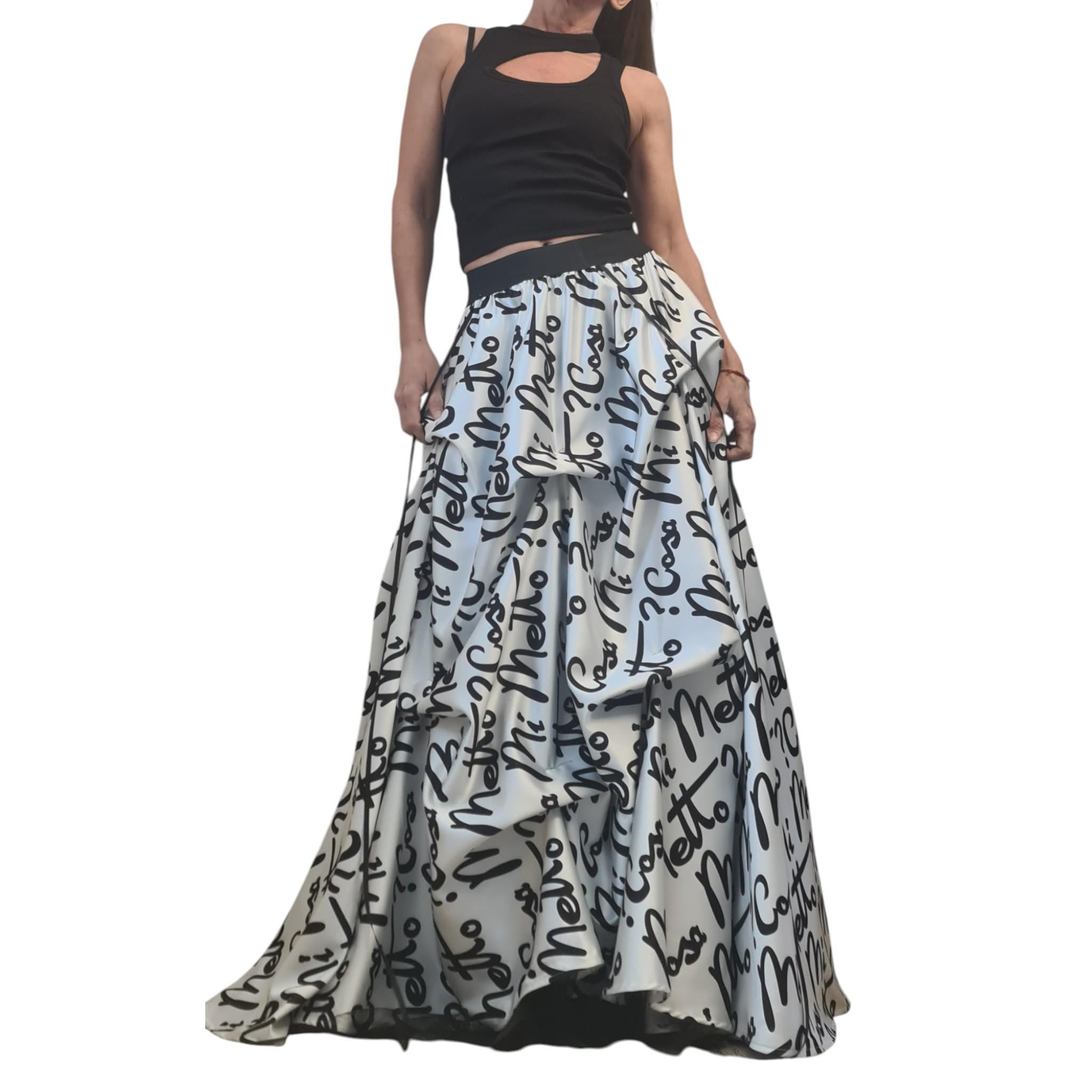 Extravagant Script Print Skirt Dress, Avant Garde Cotton Satin Tulle Maxi, Black White Transformable Gown with Drawstrings