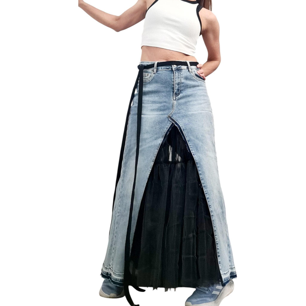Extravagant Asymmetric Denim Tulle Skirt, Deconstructed Avant Garde Maxi Skirt