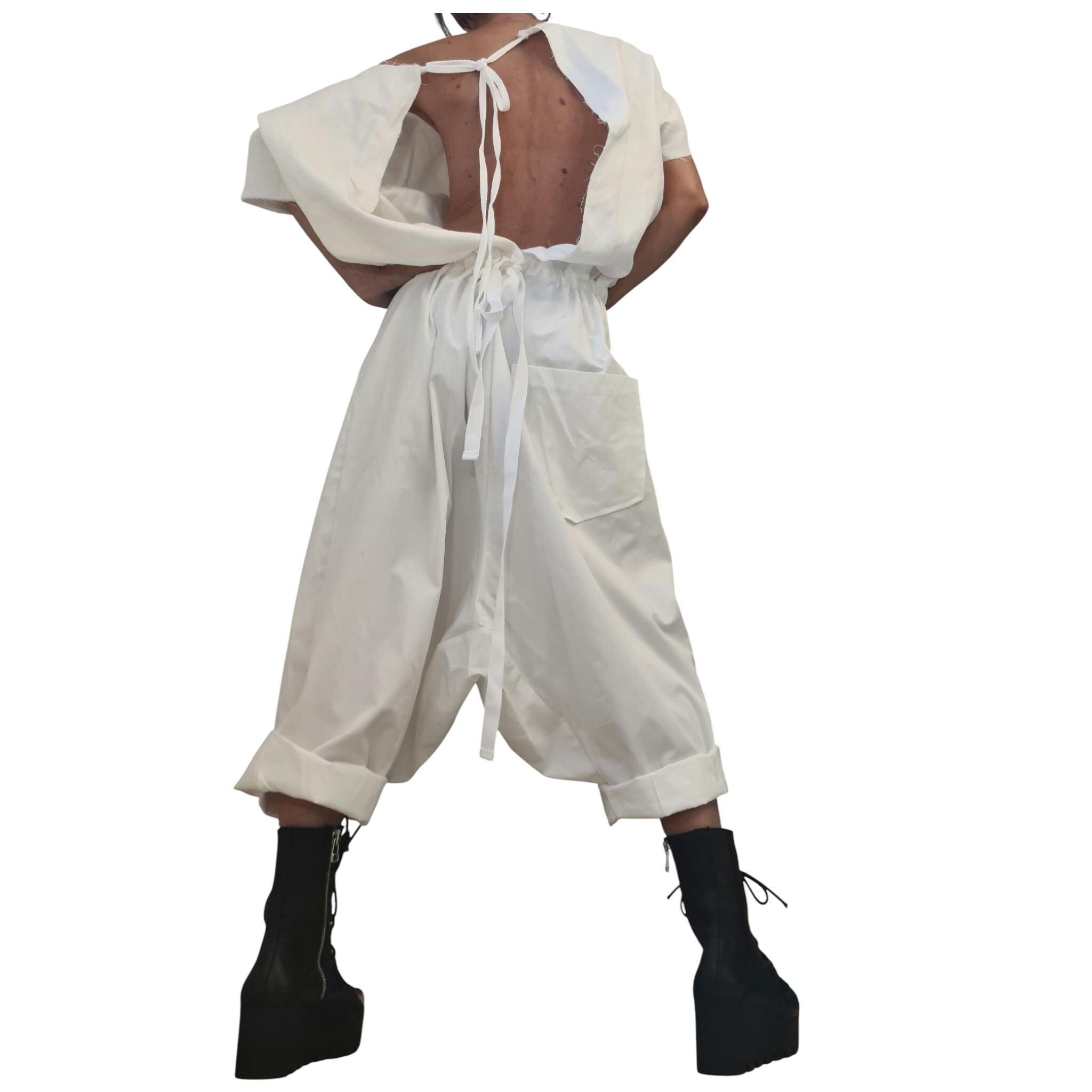 White Linen Harem Jumpsuit, Open Back Drop Crotch Overall, Sleeveless Loose Summer Romper