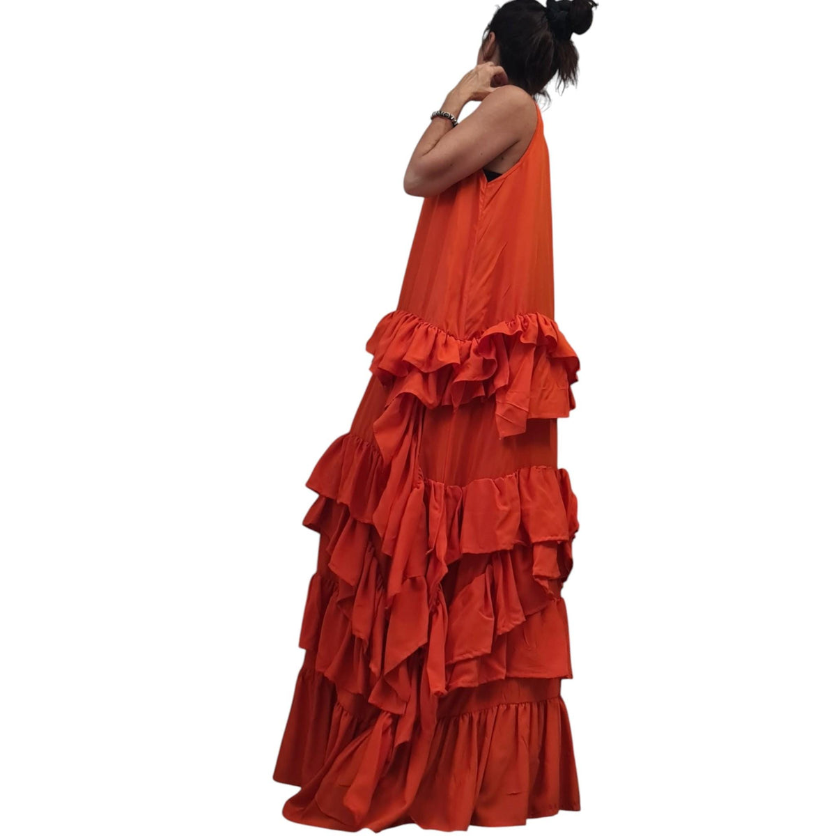 Orange Maxi Kaftan, Tiered Ruffle Dress, Sleeveless Resort Gown, Oversized Designer Clothing