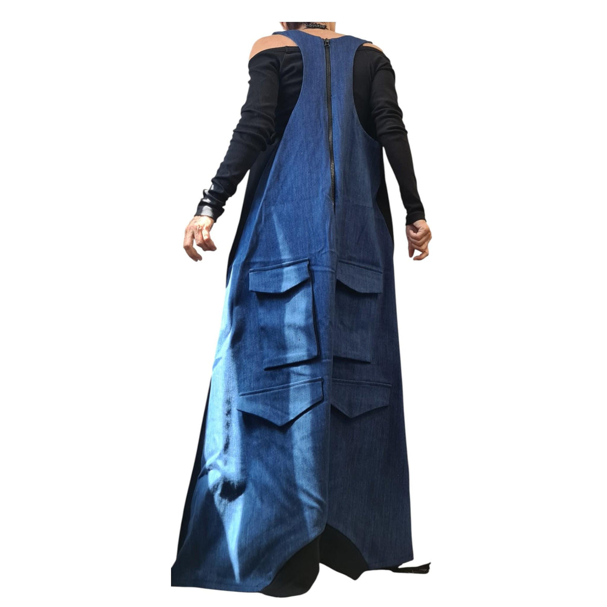 Denim Maxi Dress, Cargo Sleeveless Asymmetric Dress