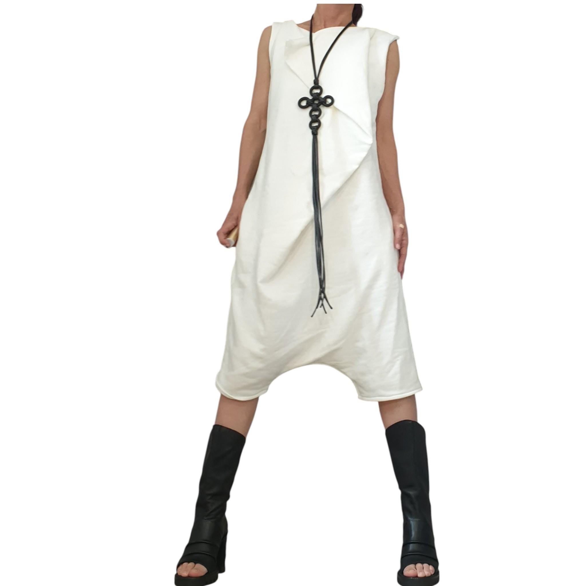 Asymmetric Cotton Jumpsuit, Harem Overall, Open Back Design, Loose Fit Clothing