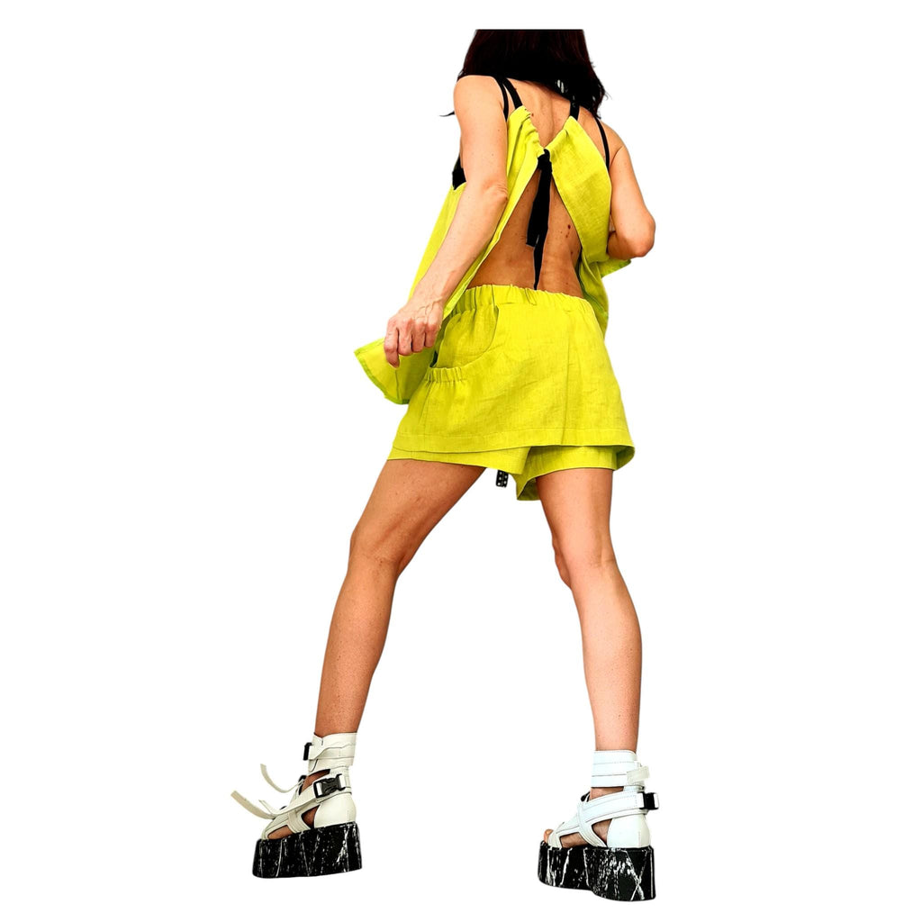 Yellow Linen Two Piece Set, Open Back Top, Layered Shorts, Summer Outfit for Women