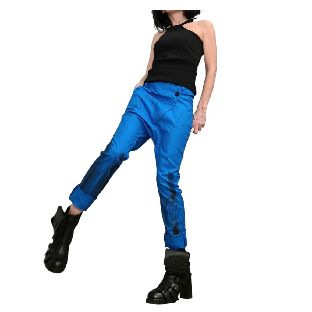 Blue Drop Crotch Pants, Asymmetric Closure, Tapered Leg, Paint Splatter