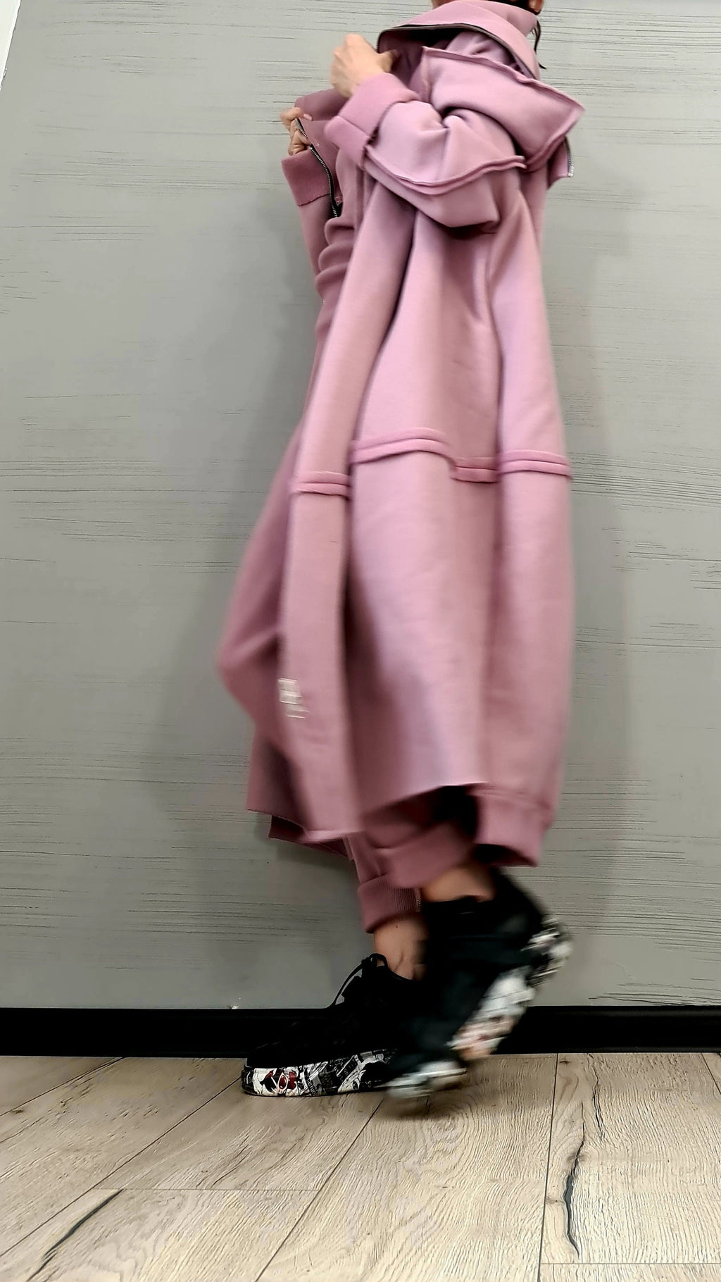 Pink Oversized Zip Up Hoodie, Long Sweatshirt with Extra Large High Collar, Plus Size