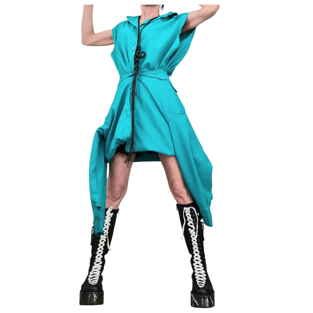 Turquoise Linen Deconstructed Tunic for Women, Transformable Layered Top, Asymmetric Oversize Shirt