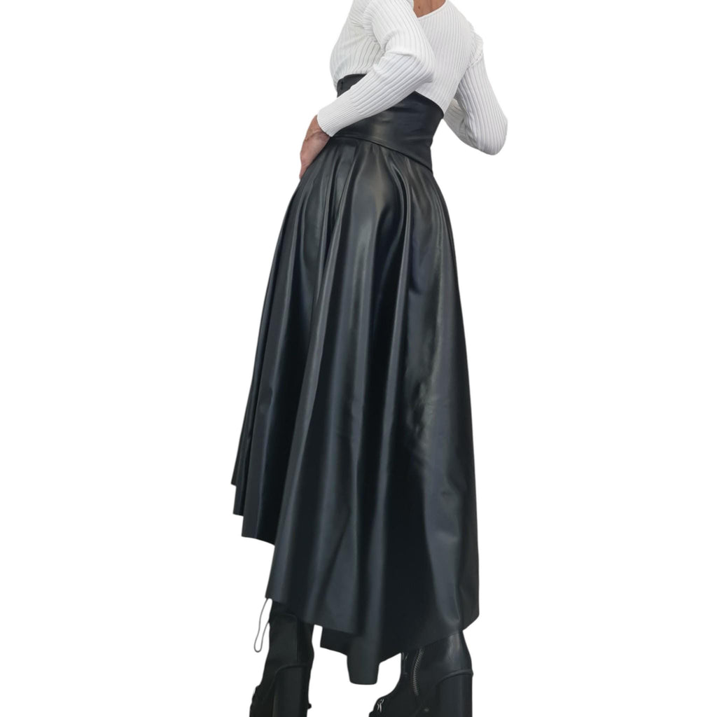 Eco Leather High Waist Asymmetric Skirt, Extravagant Black Gothic Skirt