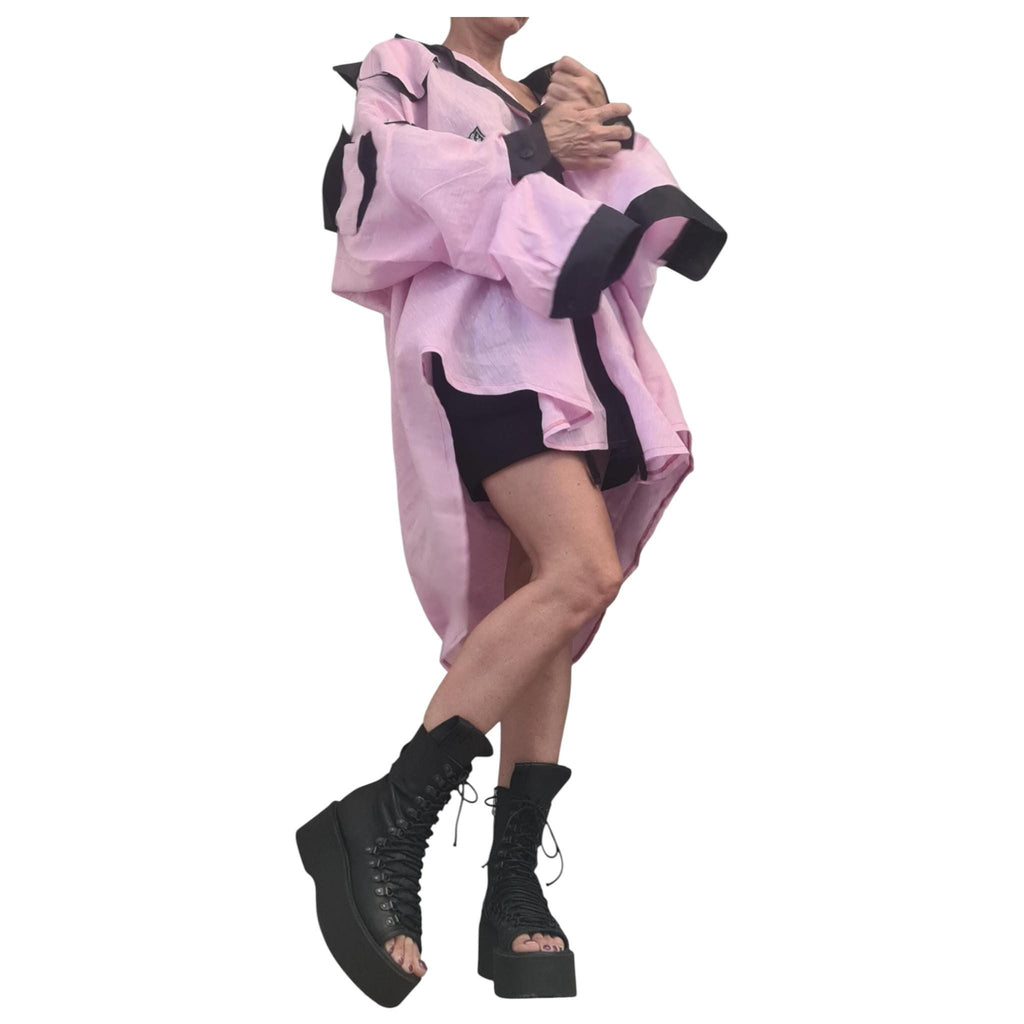 Baby Pink Linen Shirt, Oversized Avant Garde Top, Open Back, Cargo Pocket, Plus Size