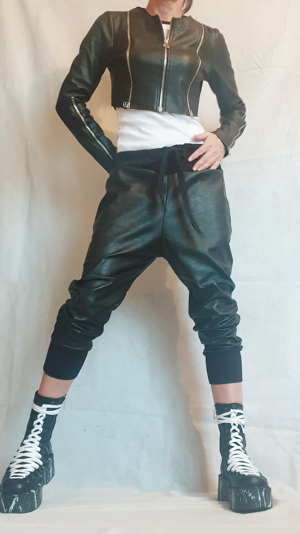 Gold Faux Leather Cropped Jacket, Fitted Long Sleeve Bolero, Multiple Zipper Design