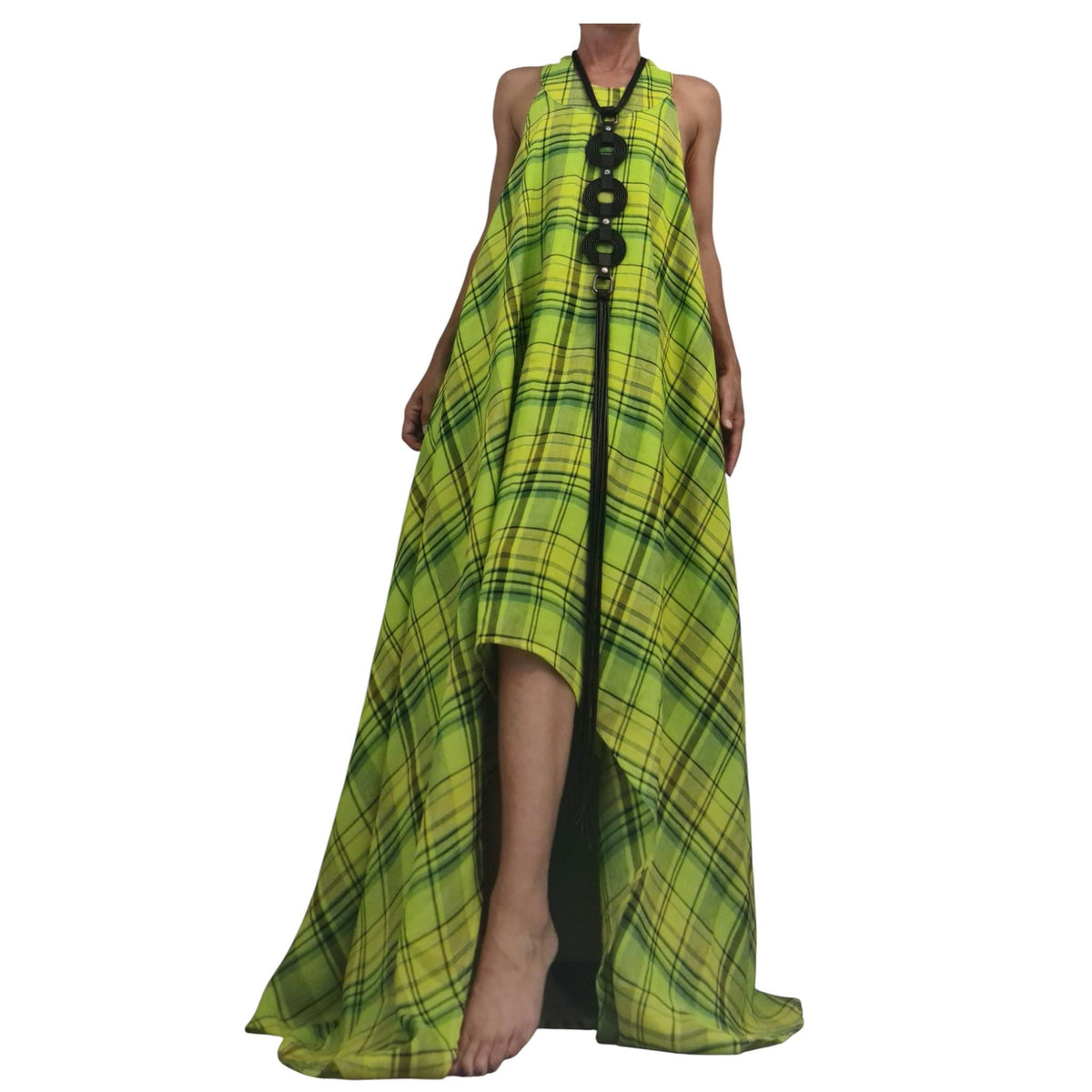 Lime Plaid Linen Maxi Dress for Women, Sleeveless Asymmetric Kaftan, Open Back Dress