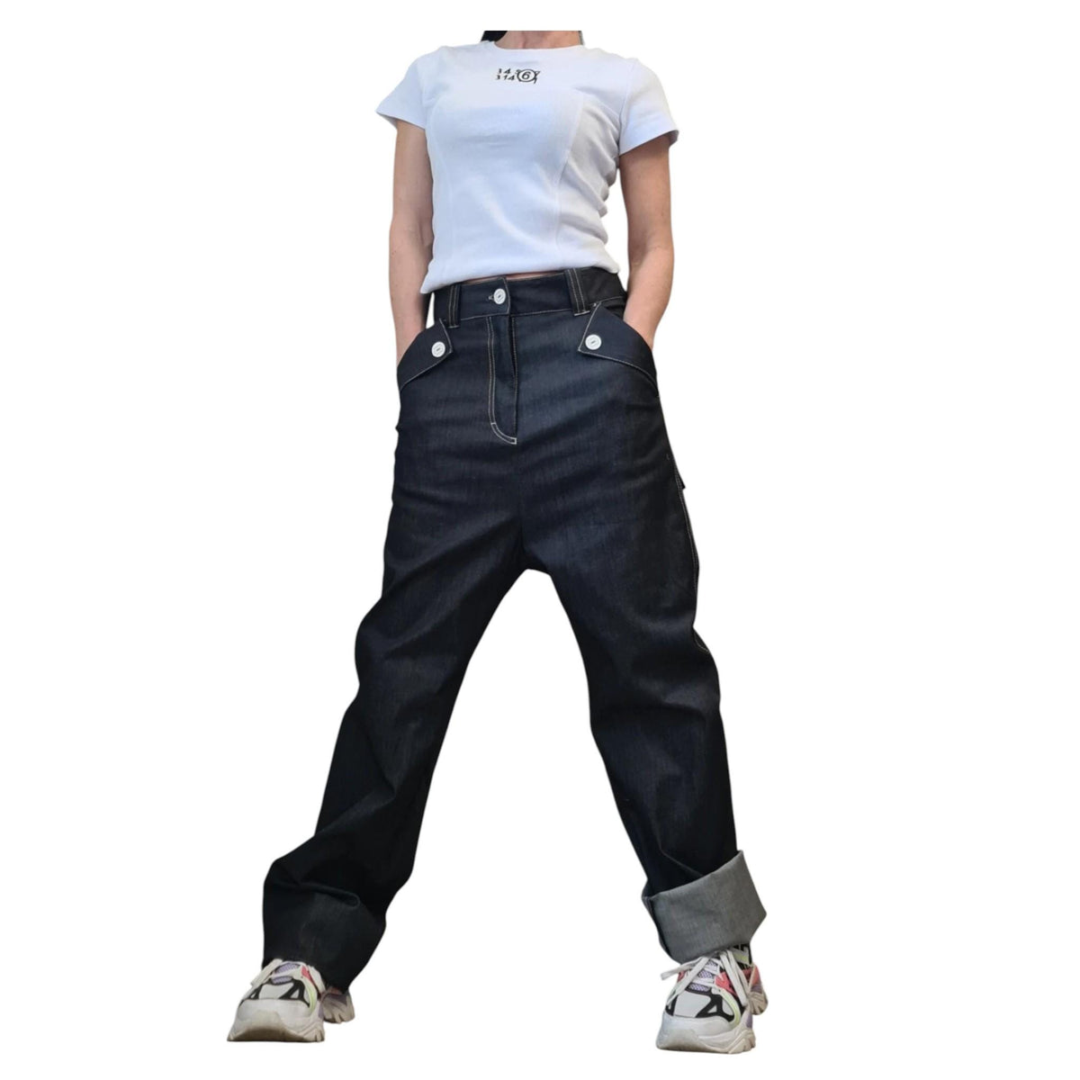Dark Blue High-Waist Straight-Leg Denim Pants, Avant-Garde Streetwear Trousers