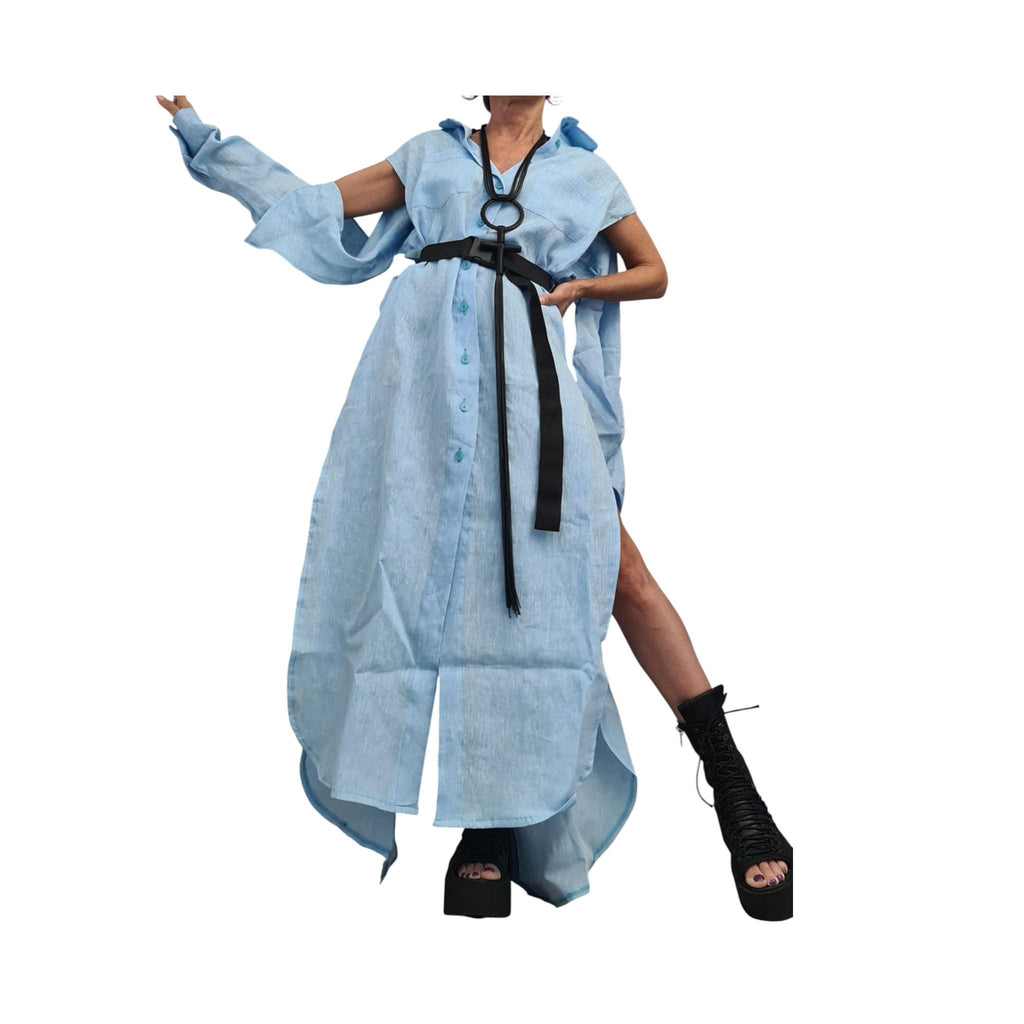 Baby Blue Linen Shirt, Long Asymmetric Kaftan, Open Back, Maxi Loose Summer Oversized Dress