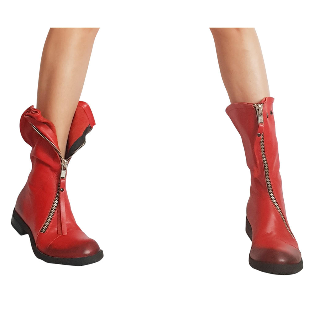 Black Gothic Genuine leather Ankle Boots, Handmade Closed Toe Low Platform Shoes
