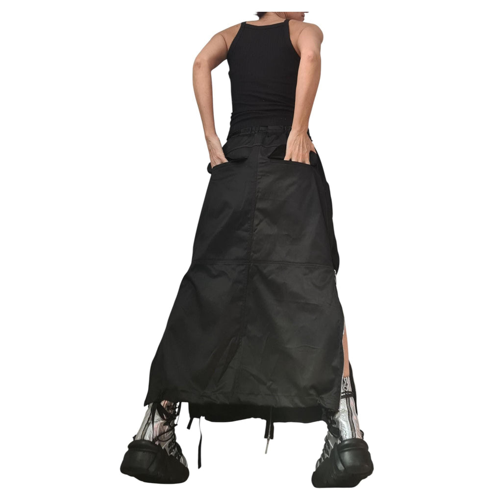 Black Cotton Satin Long Skirt | Deconstructed Cargo Pockets | Gothic Avant Garde Style