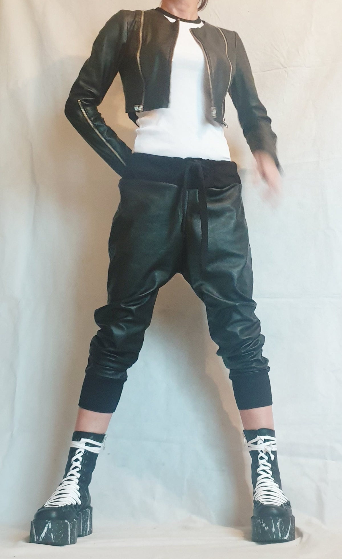 Black Faux Leather Cropped Jacket, Fitted Long Sleeve Bolero, Multiple Zipper Details