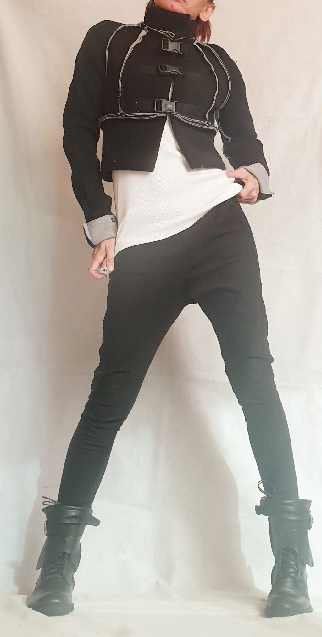 Black Cropped Wool Jacket, High Collar, Buckle Closures, Plus Size Coat, Contrast Seams