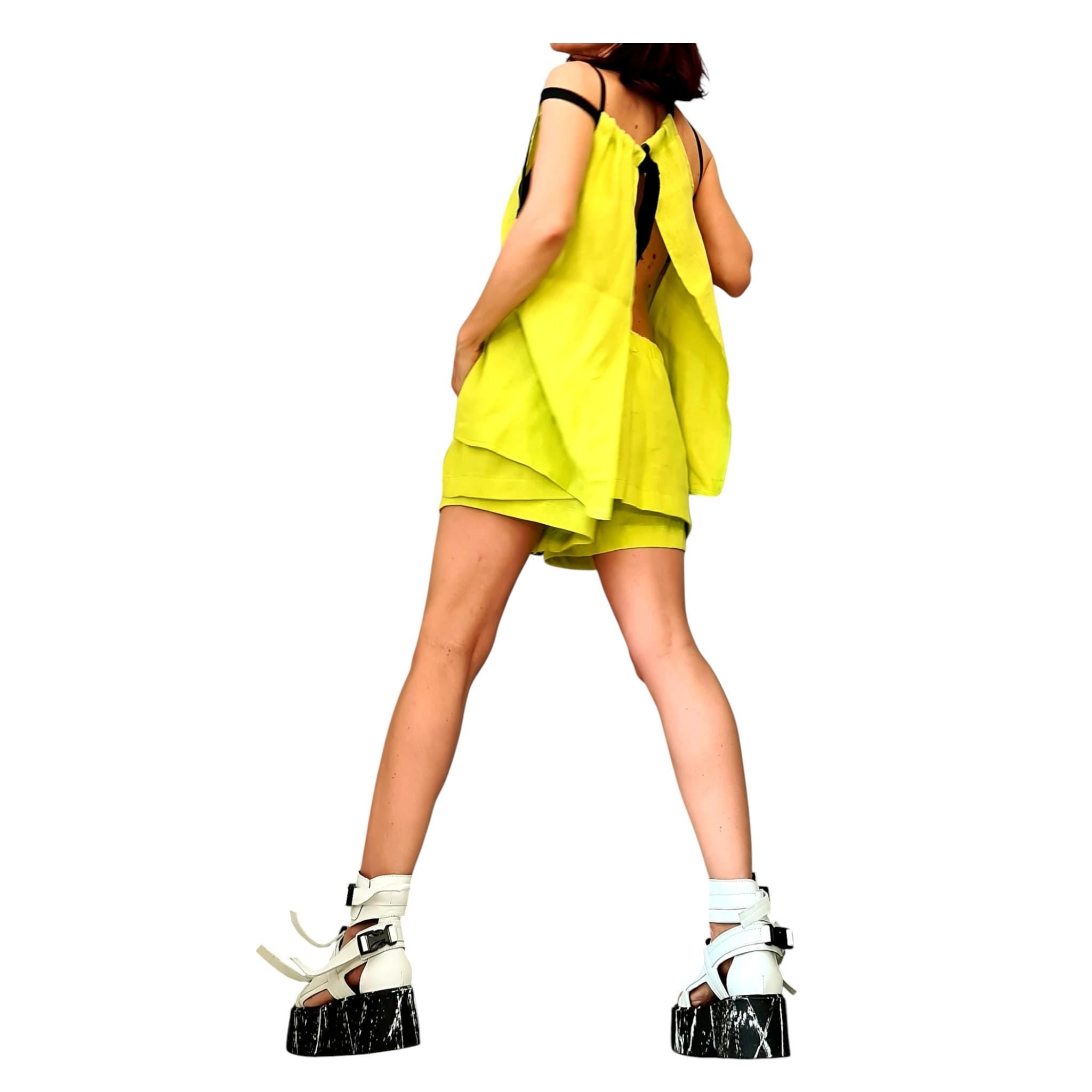 Yellow Linen Two Piece Set, Open Back Top, Layered Shorts, Summer Outfit for Women