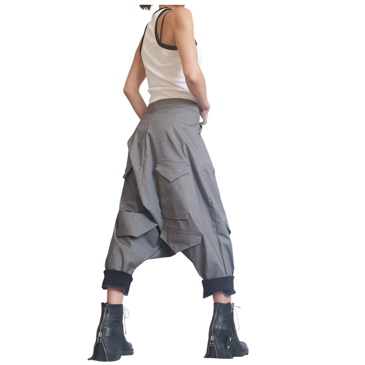 Grey Harem Pants, Drop Crotch, Cargo Flap Pockets, Tapered Ankle