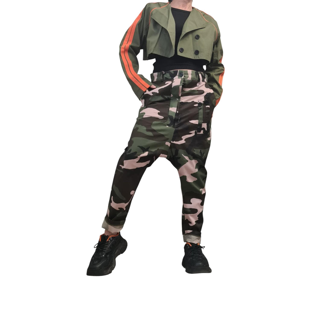 Military Green Hooded Two-Piece Set, Belted Maxi Vest and Cropped Jacket, Orange Stripes