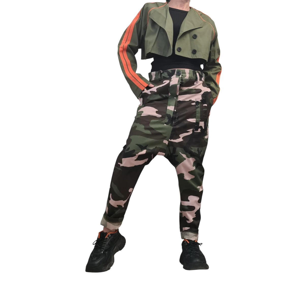 Military Green Hooded Two-Piece Set, Belted Maxi Vest and Cropped Jacket, Orange Stripes