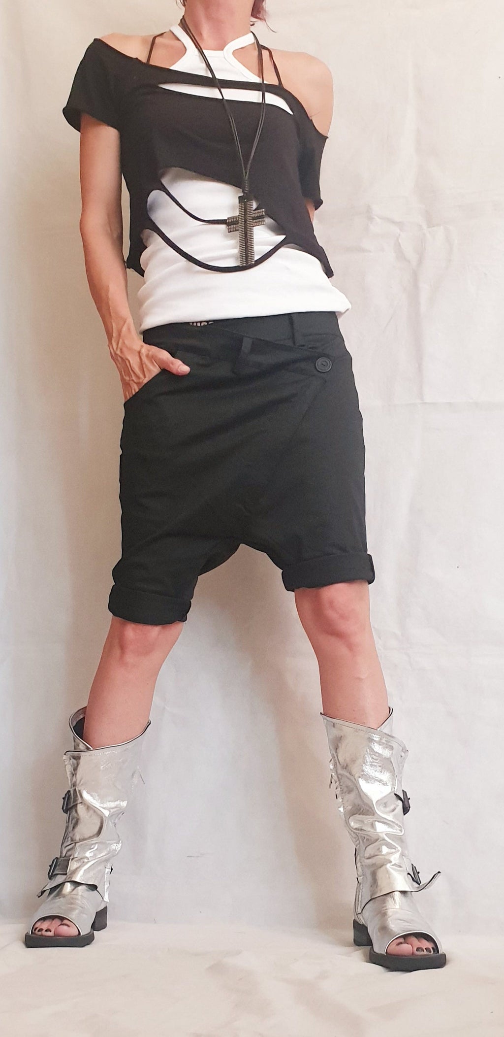 Black Knee Length Pants, Asymmetric Button Closure, Drop Crotch, Cotton Shorts