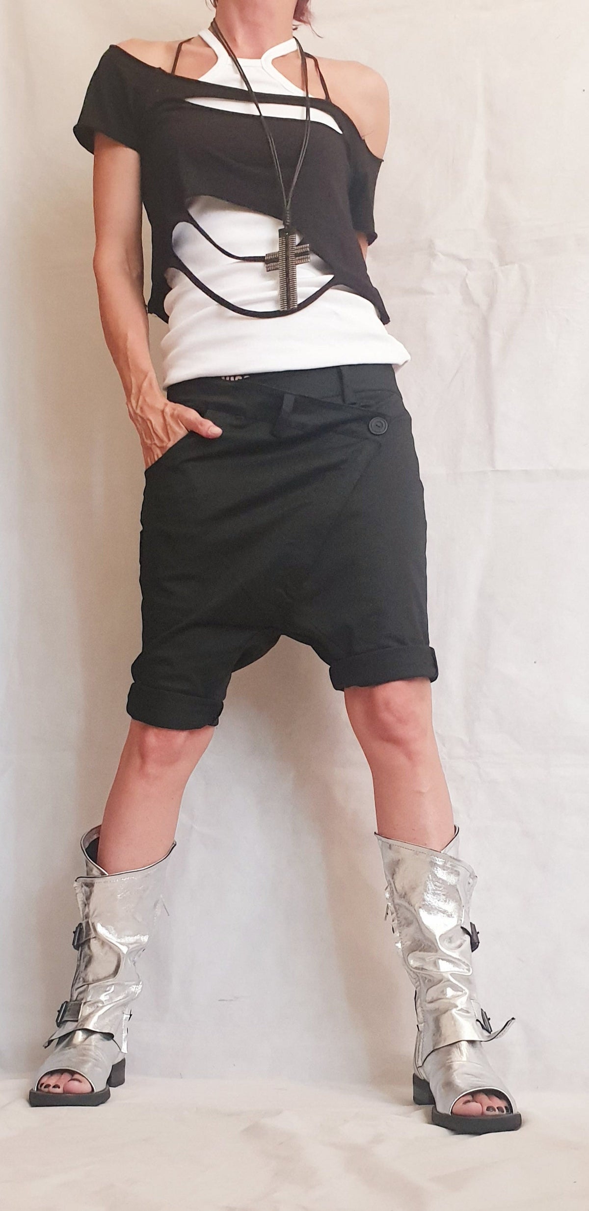 Black Knee Length Pants, Asymmetric Button Closure, Drop Crotch, Cotton Shorts