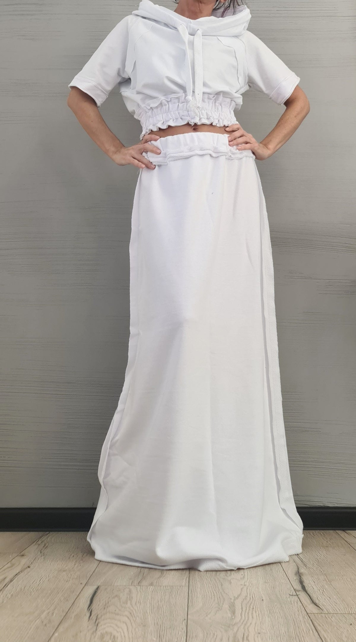White Cotton Maxi Skirt Hoodie Set, Ruched Trim French Terry Co-Ord
