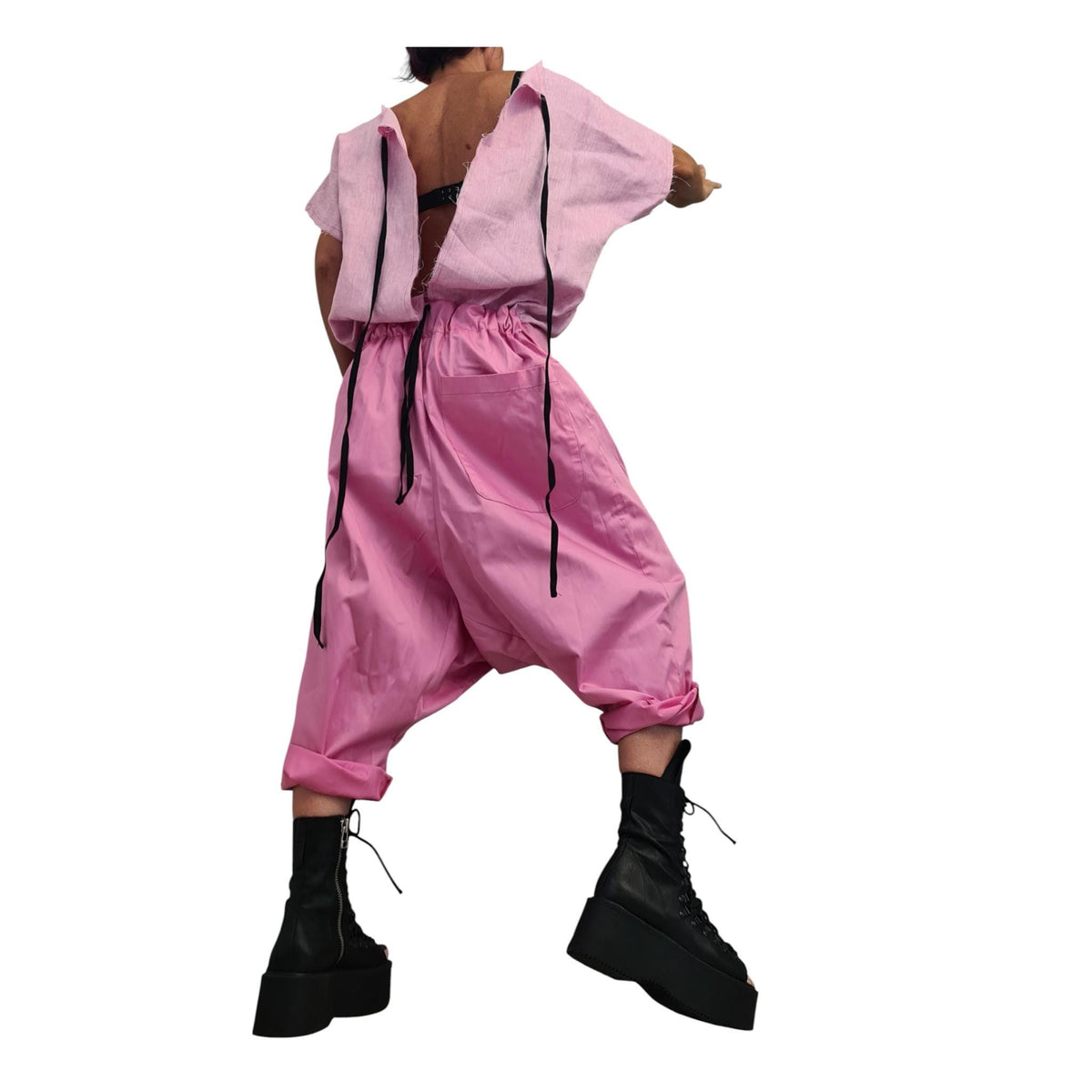 Baby Pink Harem Jumpsuit, Open Back Linen Top, Loose Satin Drop Crotch Overall Women