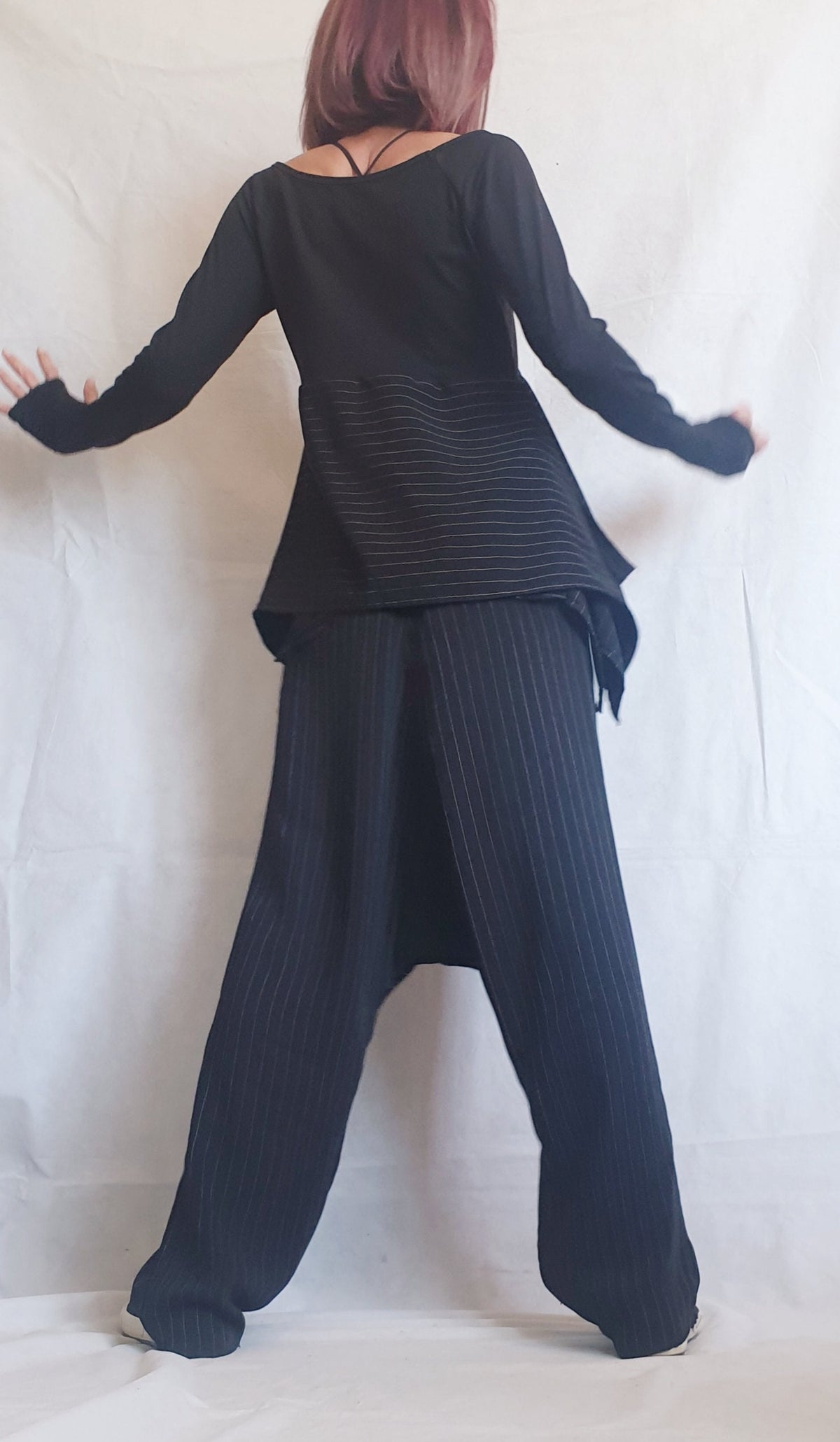 Black Pinstripe Drop Crotch Harem Pants, Asymmetrical Long Tunic, Thumbhole Sleeves, Two-Piece Co-Ord Set