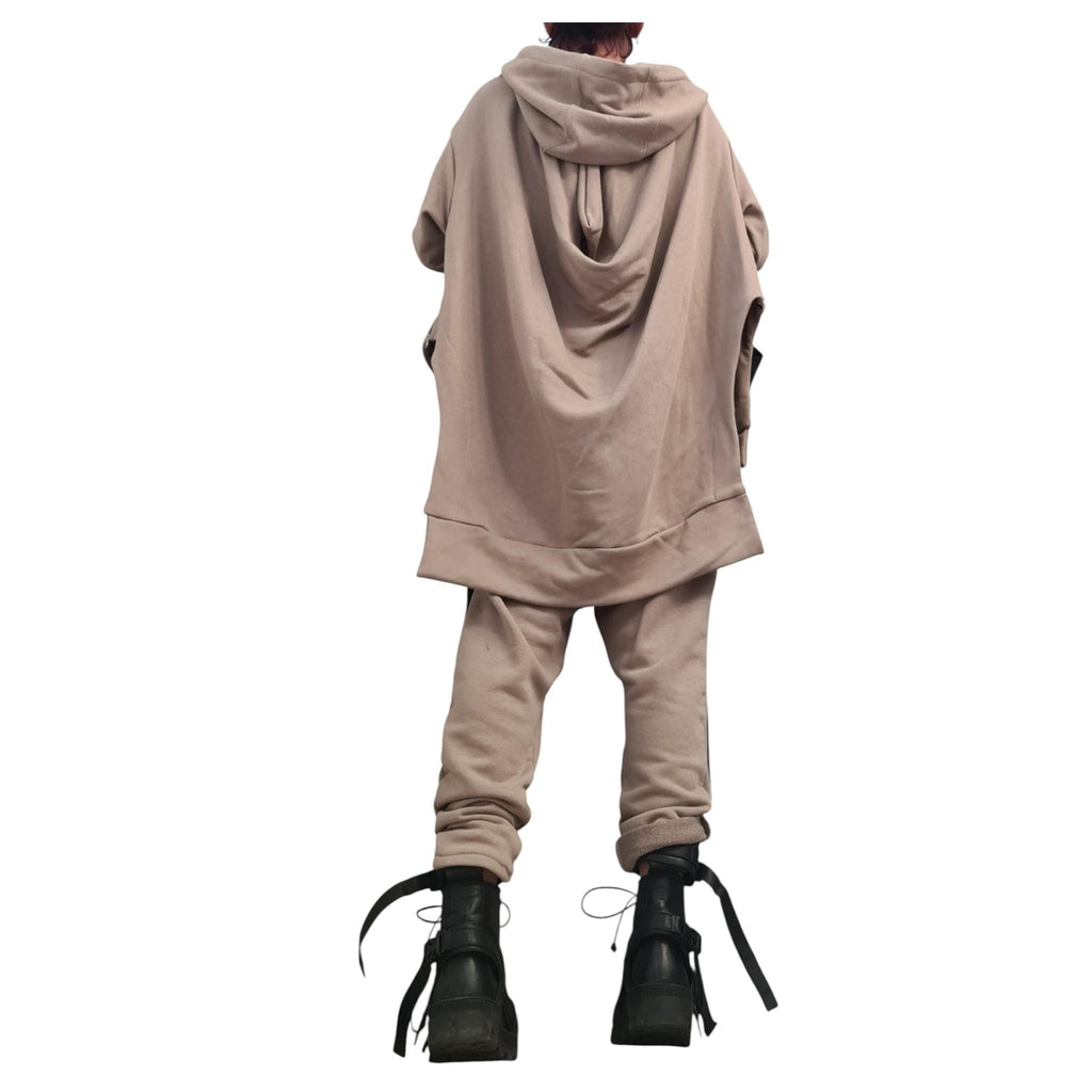 Beige Cotton Co-Ord Set, Harem Pants, Asymmetrical Long Sleeve Sweatshirt