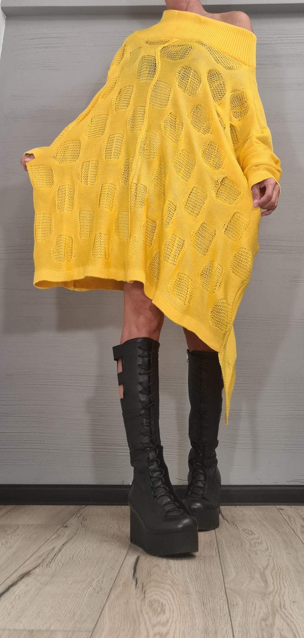 Yellow Asymmetrical Knitted Tunic, Oversized Long Sleeve Sweater, Plus Size Top