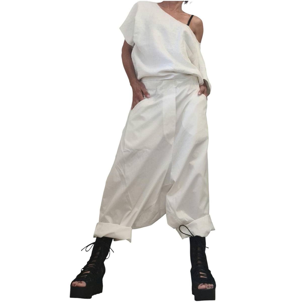 Baby Pink Harem Jumpsuit, Open Back Linen Top, Loose Satin Drop Crotch Overall Women