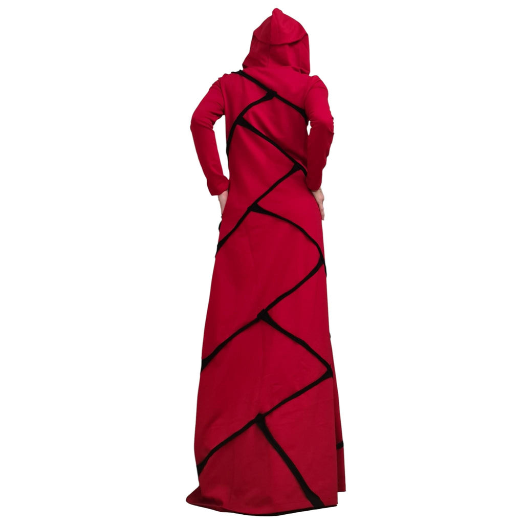 Long Hooded Red Cotton Dress, Plus Size Extravagant Gown